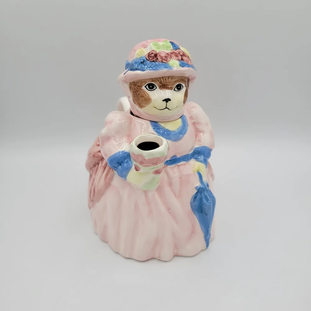 Vintage Ceramic Cat‎ Teapot Victorian Style Pink Blue Dress Collectible Decor